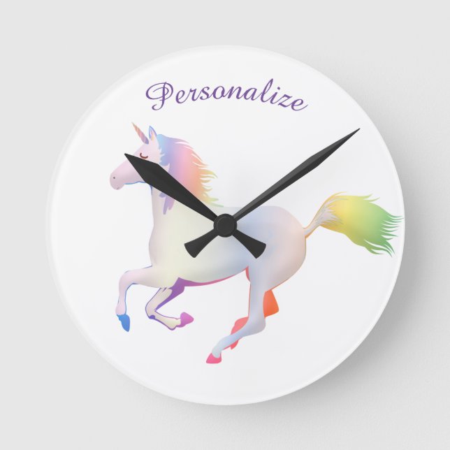 Rainbow Unicorn Child's Room Personalise Round Clock (Front)