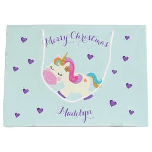 Rainbow Unicorn Christmas Glitter Aqua Large Gift Bag