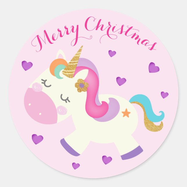 Rainbow Unicorn Christmas Glitter Pink Classic Round Sticker (Front)