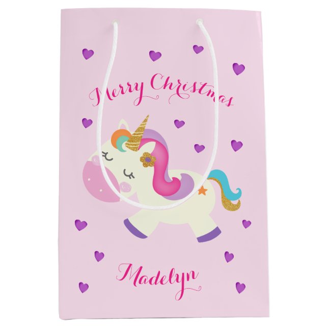 Rainbow Unicorn Christmas Glitter Pink Medium Gift Bag (Front)