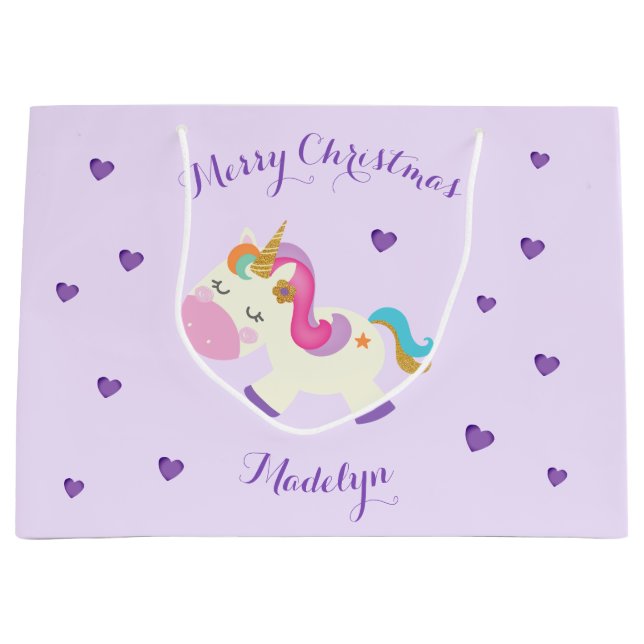 Rainbow Unicorn Christmas Glitter Purple Large Gift Bag (Front)