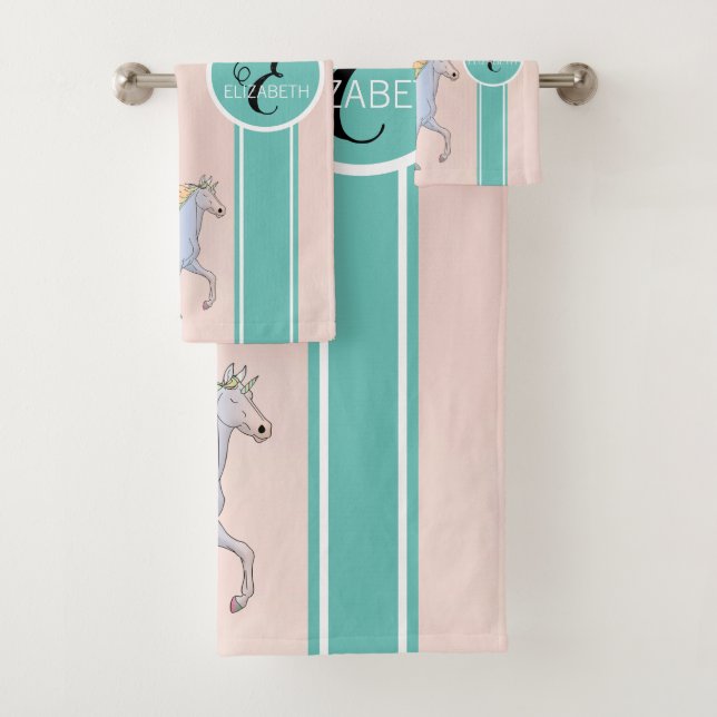 Rainbow Unicorn, Colourful Stars Monogram Bath Towel Set (Insitu)