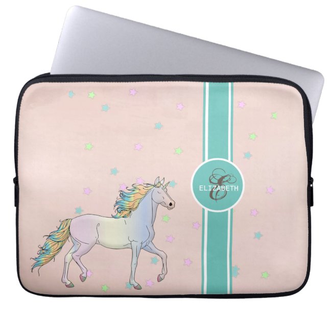 Rainbow Unicorn, Colourful Stars Monogram Laptop Sleeve (Front)