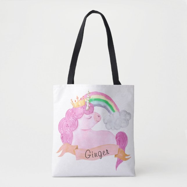 🌈Rainbow Unicorn Custom Name    Tote Bag (Front)