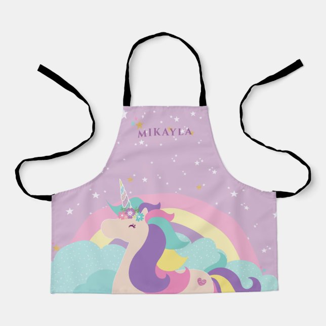 Rainbow Unicorn Cute Personalised Kids Apron (Front)