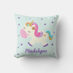 Rainbow Unicorn Cute Personalised Name Aqua Cushion