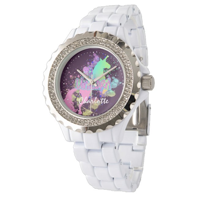 Rainbow Unicorn Cute Personalised Watch (Angled)