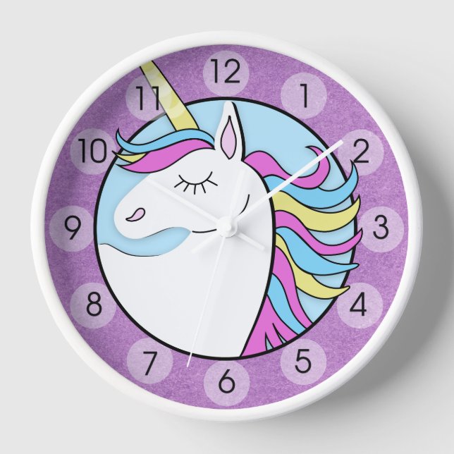 Rainbow Unicorn Cute Purple Round Wall Clock (Front)