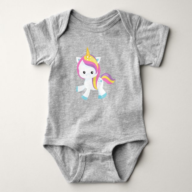 Rainbow Unicorn, Cute Unicorn, Star, Magic Unicorn Baby Bodysuit (Front)