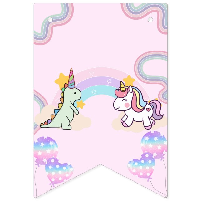 Rainbow Unicorn & Dinosaur Friends Birthday Party Bunting (First Flag)