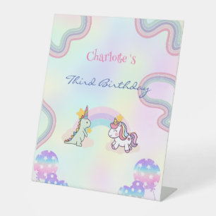 Rainbow Unicorn & Dinosaur Friends Birthday Party Pedestal Sign