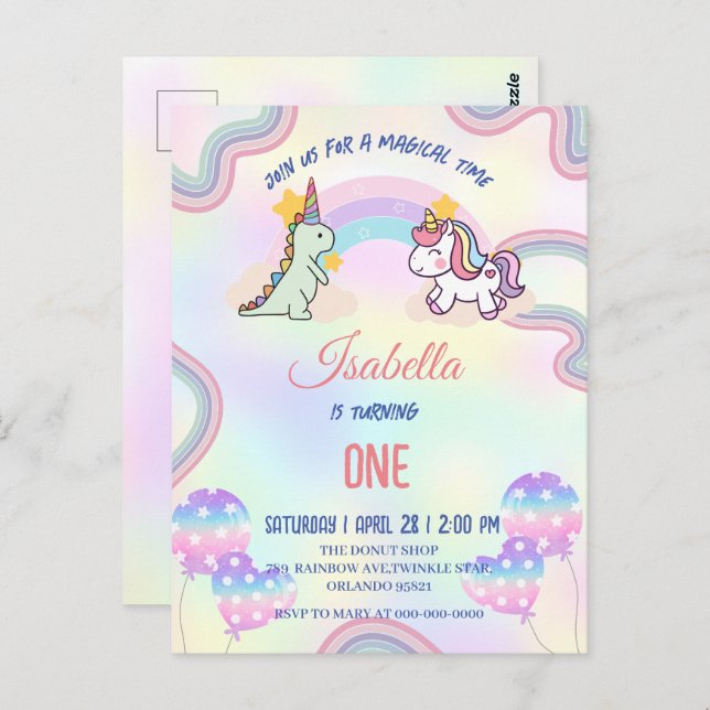 Rainbow Unicorn & Dinosaur Friends Birthday Party Postcard (Front/Back)