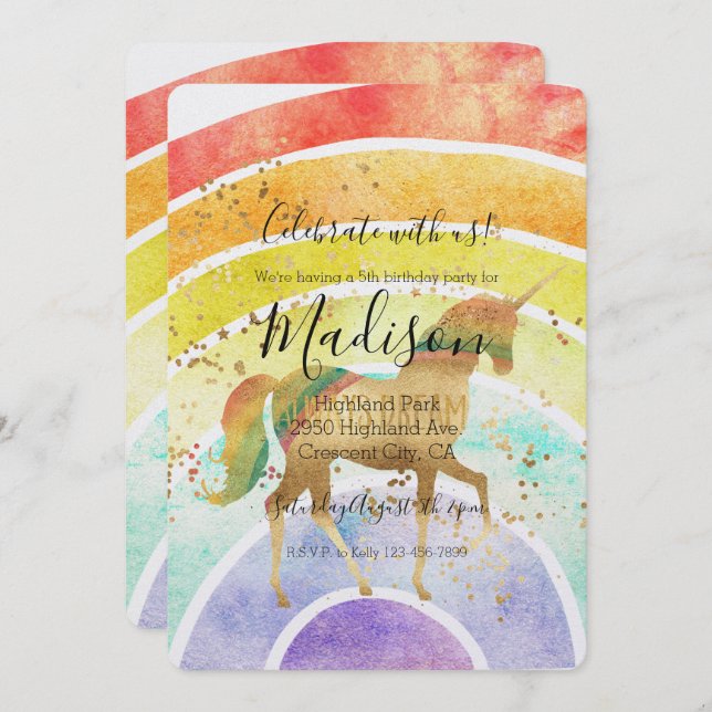 Rainbow Unicorn Dream Gold Confetti Birthday Invitation (Front/Back)