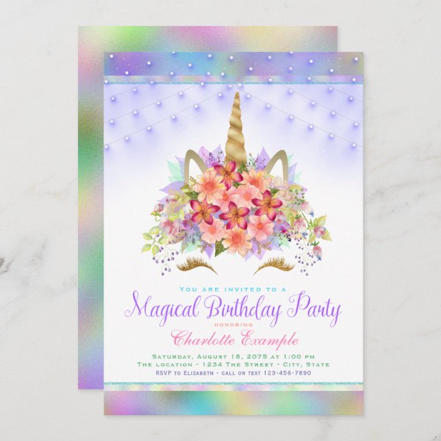 Rainbow Unicorn Face Birthday Party Invitations (Front/Back)