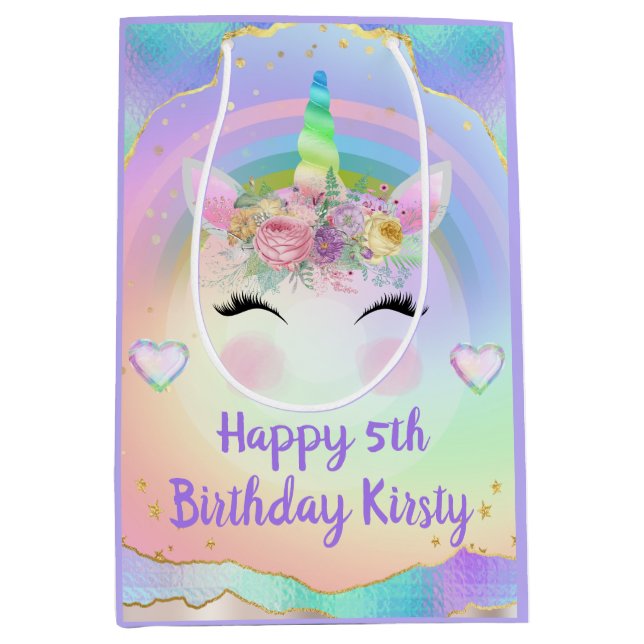 Rainbow Unicorn Face Happy Birthday Medium Gift Bag (Front)