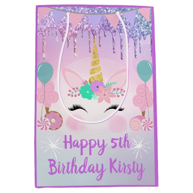 Rainbow Unicorn Face & Sweets Birthday Medium Gift Bag (Front)