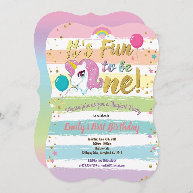 Rainbow unicorn first birthday party pastel invitation (Front/Back)