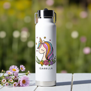 Rainbow Unicorn Floral Personalised Name Water Bottle