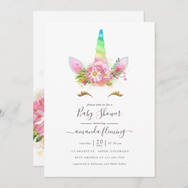 Rainbow Unicorn Girl Baby Shower Invitation (Front/Back)