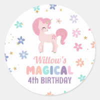 Rainbow Unicorn Girl Birthday Favour Round Sticker