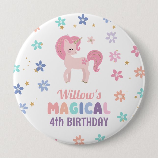 Rainbow Unicorn Girl Birthday Party Button (Front)