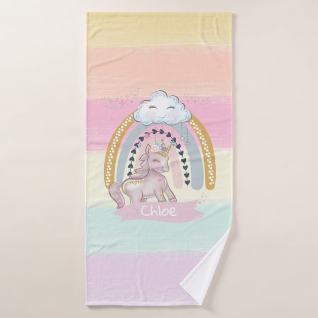 🦄Rainbow Unicorn Girl Custom Name Bath Towel (Bath Towel)