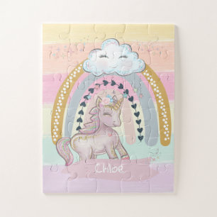🦄Rainbow Unicorn Girl Custom Name Heart Jigsaw Puzzle