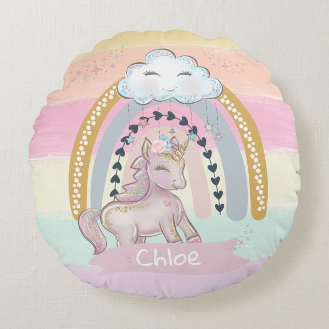 🦄Rainbow Unicorn Girl Custom Name    Round Cushion (Front)