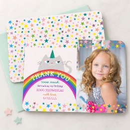 Rainbow Unicorn Girl Photo Birthday Thank You Card