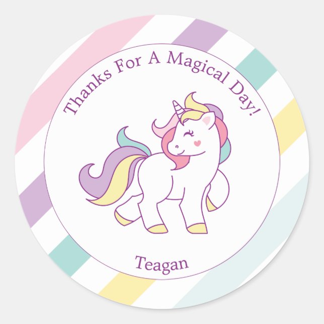 Rainbow Unicorn Girls Birthday Party Classic Round Sticker (Front)