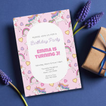 Rainbow Unicorn Girls Birthday Party Invitation 