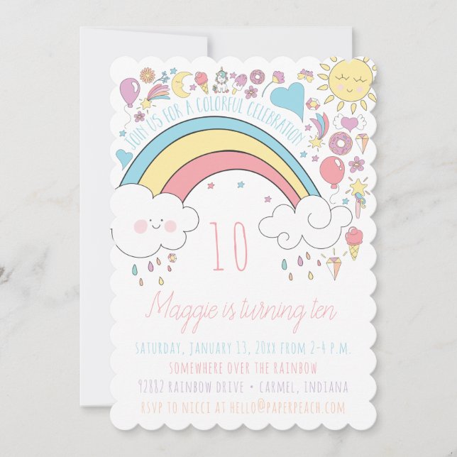 Rainbow Unicorn Girls Birthday Party Invitations (Front)