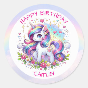 Rainbow Unicorn Girl's Birthday Party Personalised Classic Round Sticker