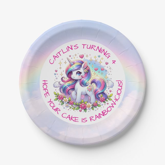 Rainbow Unicorn Girl's Birthday Party Personalized Paper Plate (Front)