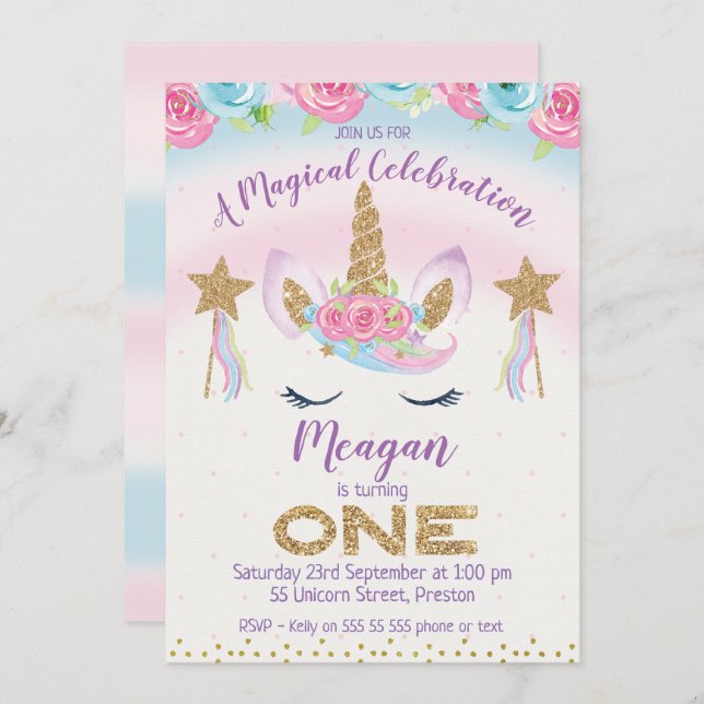 Rainbow Unicorn Glitter 1st Birthday Invitation (Front/Back)