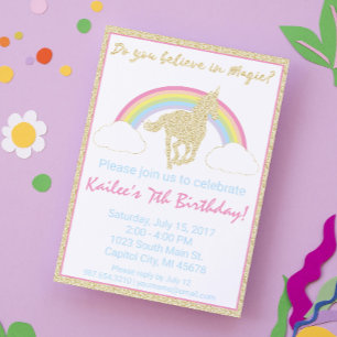 Rainbow Unicorn Glitter Birthday Party Invitation