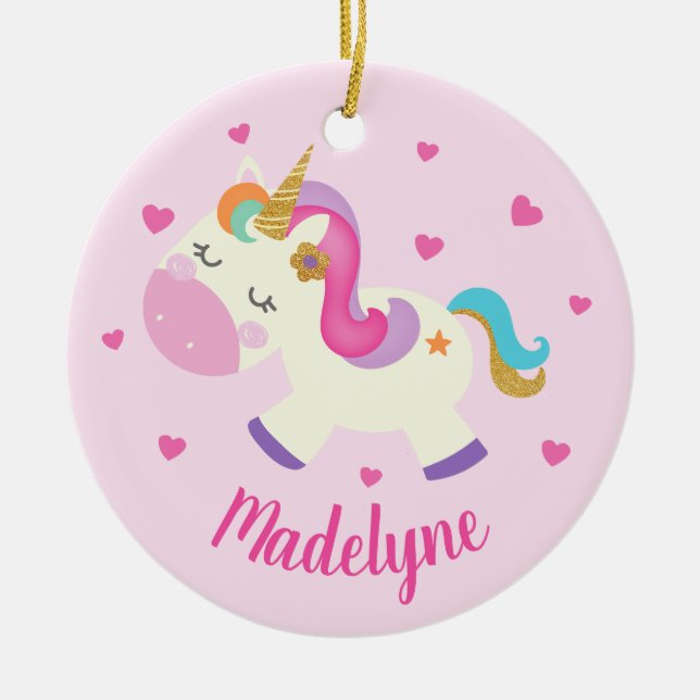 Rainbow Unicorn Glitter Christmas Pink Name Ceramic Ornament (Front)