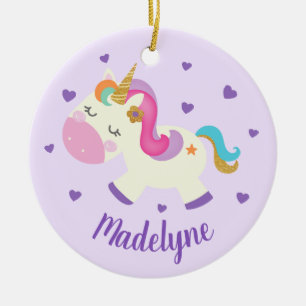 Rainbow Unicorn Glitter Christmas Purple Name Ceramic Ornament