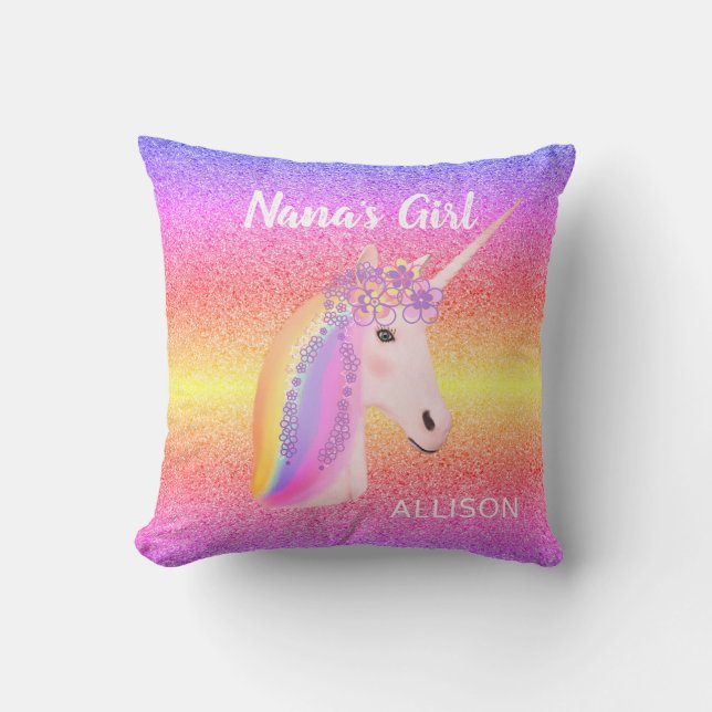 Rainbow Unicorn Glitter Nanas Girl Personalised Cushion (Front)