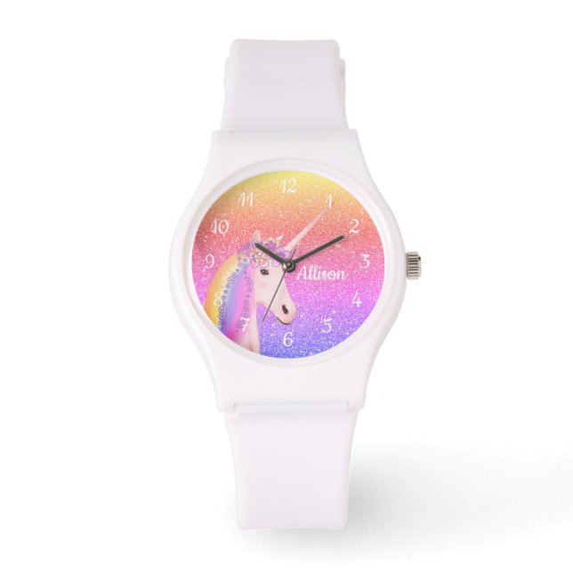 Rainbow Unicorn Glitter Personalised Womens Watch (Front)