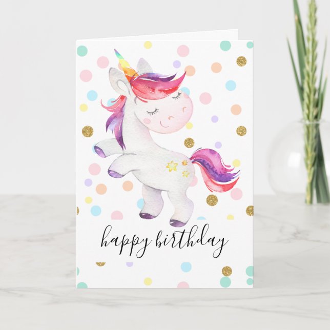 Rainbow Unicorn Glitter Polka Dot Girl Birthday Card (Front)