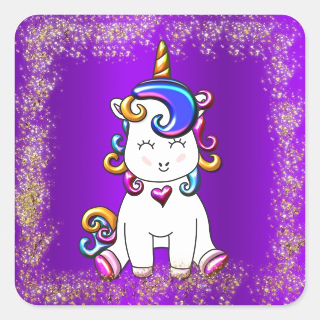 Rainbow Unicorn Glitter Purple Square Sticker (Front)