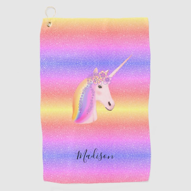 Rainbow Unicorn Glitter Sparkles Personalised Golf Towel (Front)