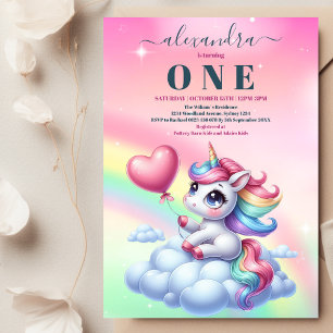 Rainbow Unicorn Gold Glitter 1st Birthday Invitation