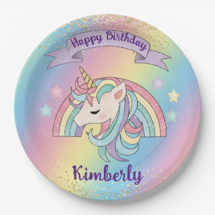 Rainbow & Unicorn Gold Glitter Birthday Paper Plate