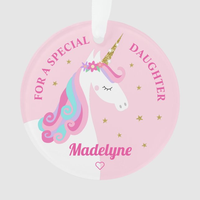 Rainbow Unicorn Gold Glitter Daughter Pink Ornament (Front)