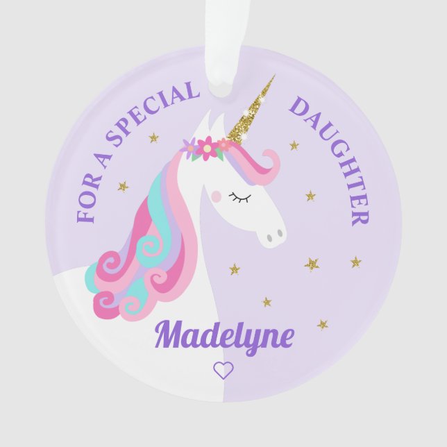 Rainbow Unicorn Gold Glitter Daughter Purple Ornament (Front)