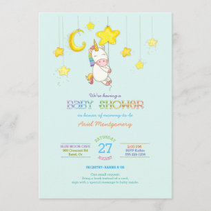 Rainbow Unicorn Hanging from Stars Baby Shower Invitation