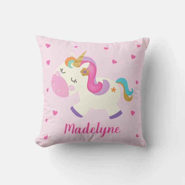 Rainbow Unicorn Hearts Personalised Pink Cushion (Front)