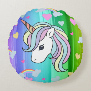 Rainbow Unicorn Hearts Print Round Pillow